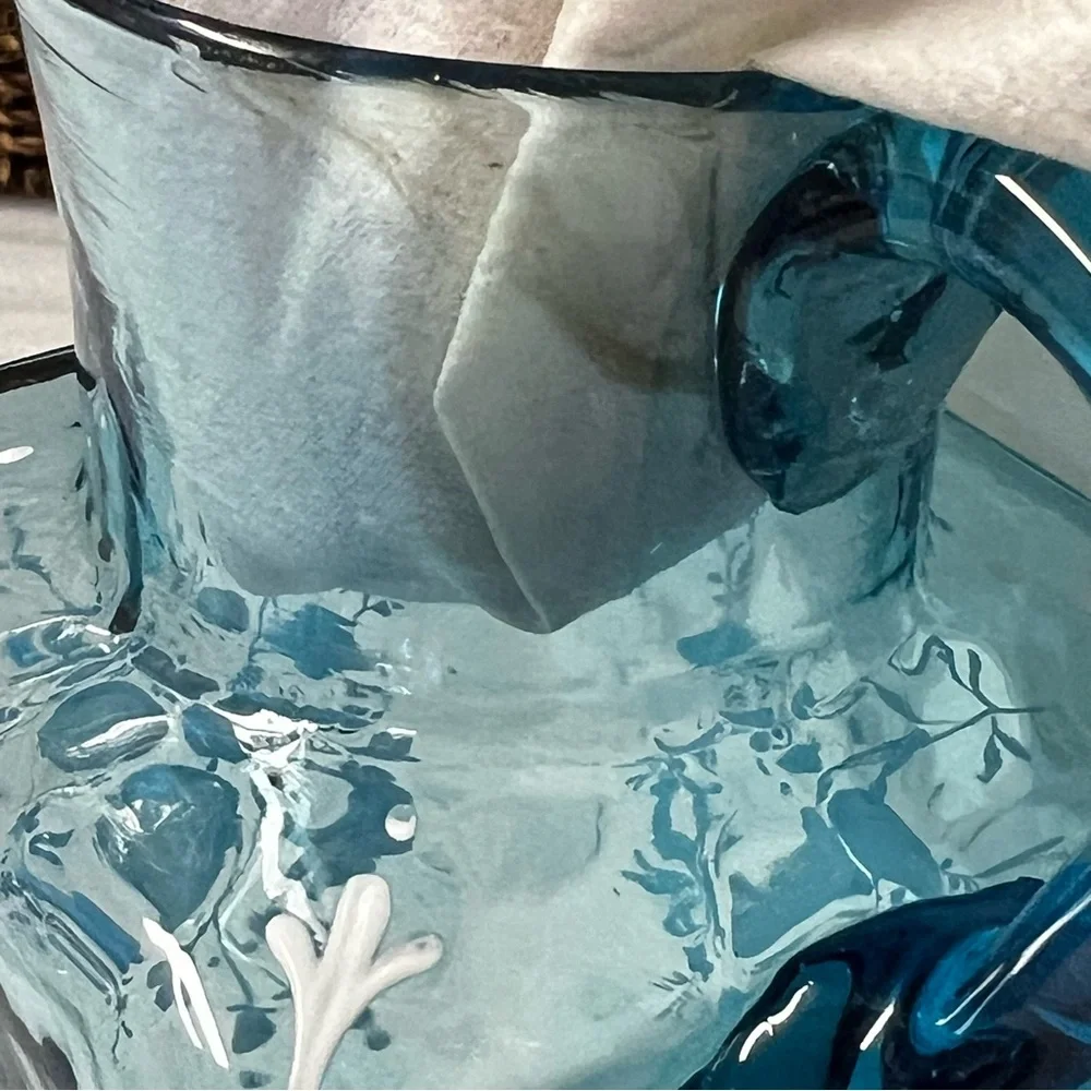 Vintage Victorian Blue Art Glass Enameled Hand-Painted Pitcher